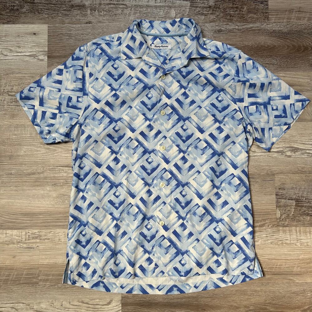 Tommy Bahama Blue Geometric Casual Button Up Short Sleeve Shirt 100% Silk Sz Med